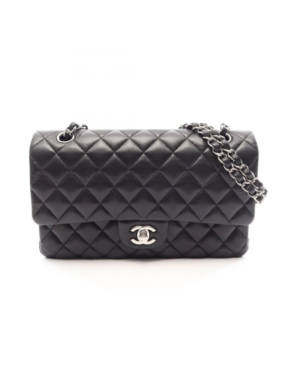 Chanel Shoulder Bag Quilted Double Flap Black Lambskin Chain